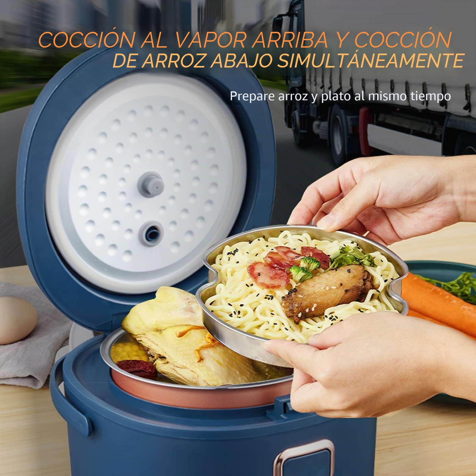 Olla de Arrocera, Cocina de Arrocera de Coche de 200 W, Capacidad 2L/3L, Arrocera Eléctrica Multifunción Portátil, Mantiene Caliente, Recipiente Antiadherente, Para Coche 12V 24V 220V (2L)
