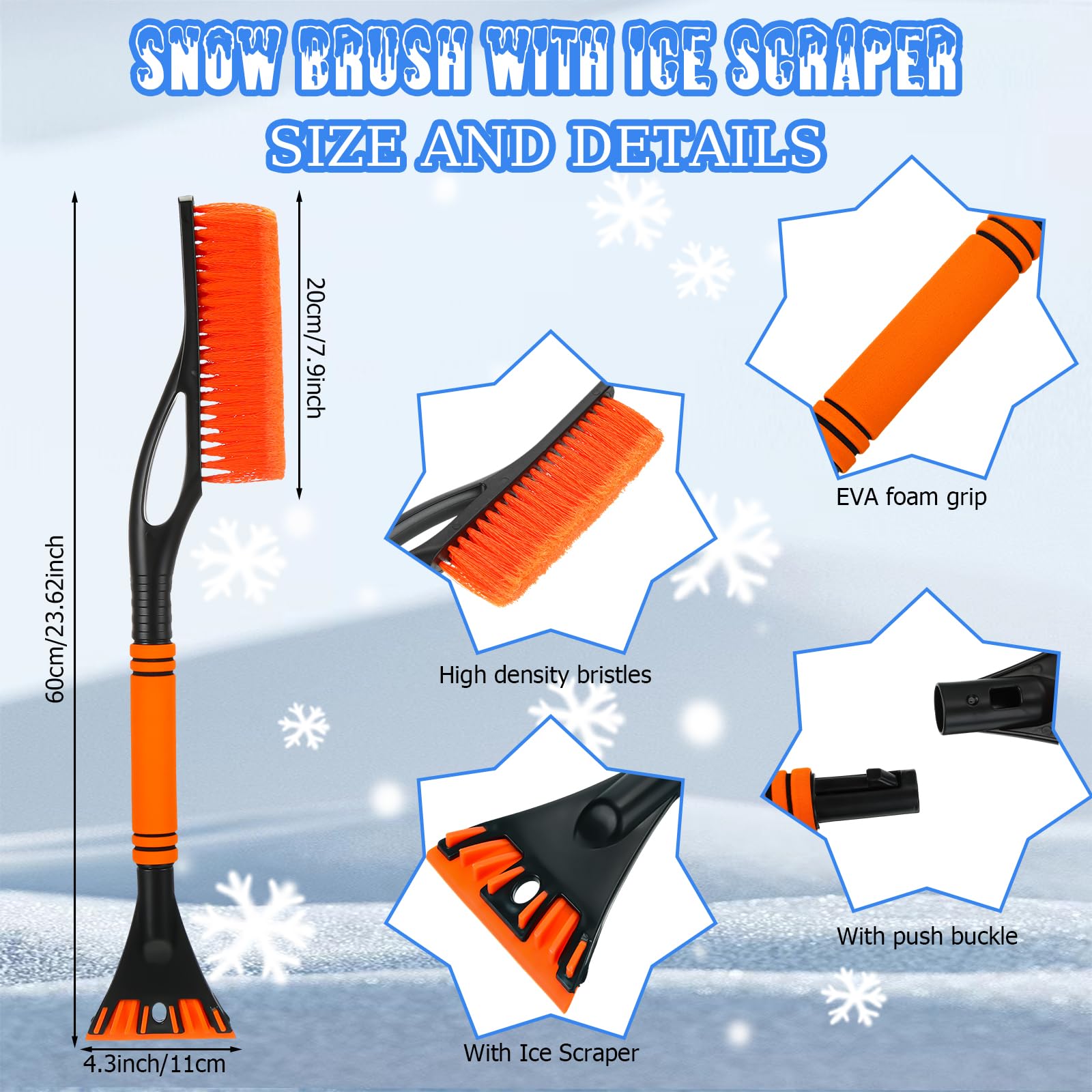 Uiifan 24 cepillos de nieve y raspadores de hielo de 24 pulgadas para ventanas de parabrisas de coche, desmontables, sin arañazos, para quitar hielo y nieve, con agarre de espuma para coches,