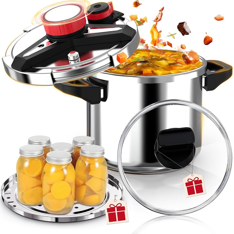 [3-IN-1] Pressure Cooker 12 Quart, 18/8 Stainless Steel Pressure Canner | [One-Hand Locking] Olla de Presion, Induction Compatible, Gas Stovetop Compatible,Includes Glass Lid & Steamer Rack