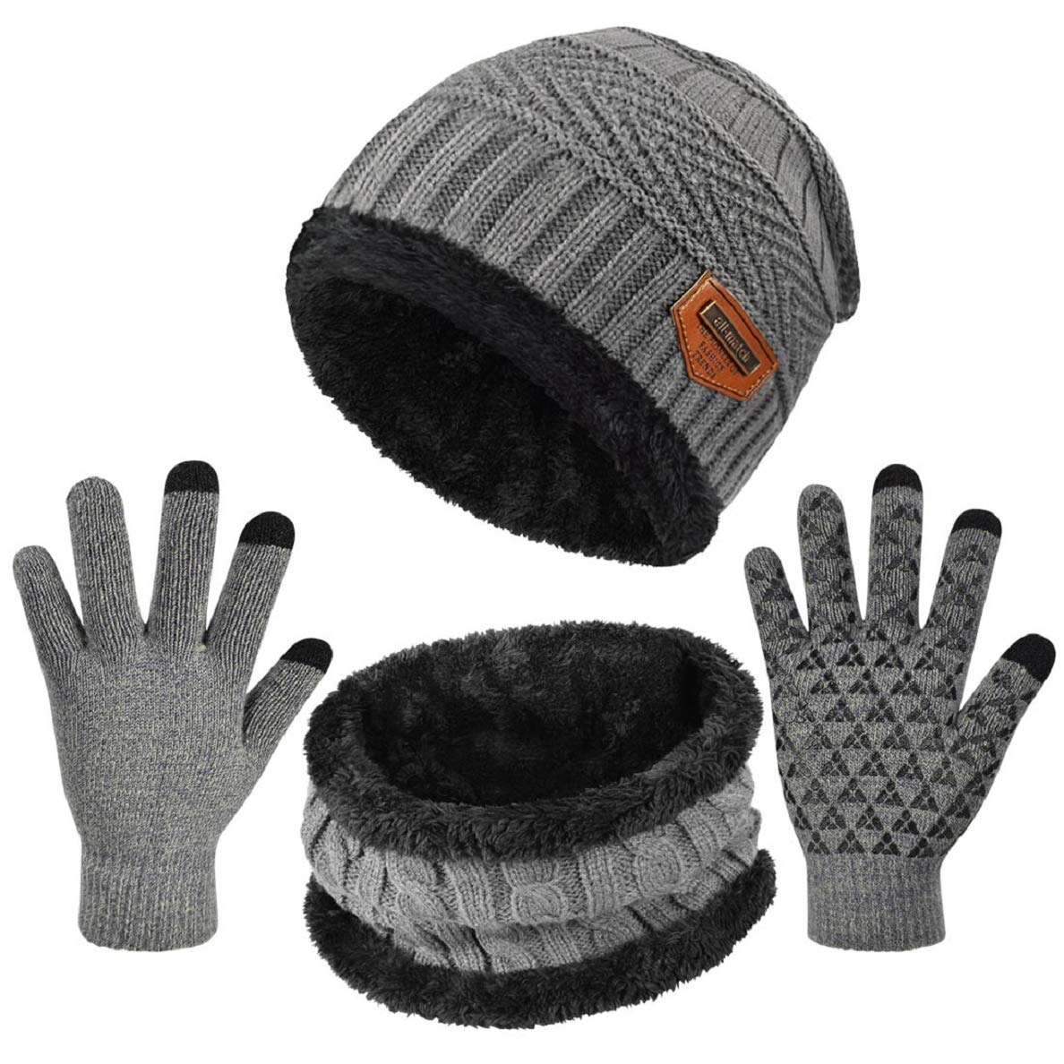 Voqeen Gorras Invierno con Bufanda y Suave Unisexo Beanie Encantador Invierno Guantes Táctiles Antideslizante 3 en 1 de Punto Sombreros Conjunto para Mujeres y Hombres Invierno Regalos(Gris)