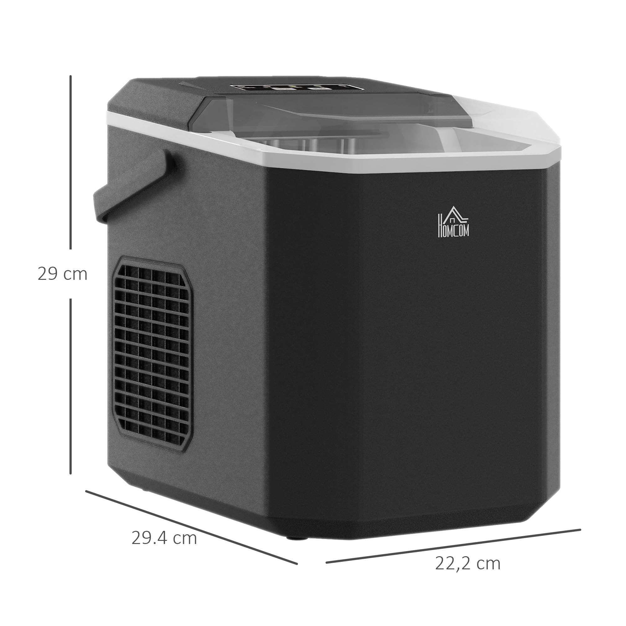 HOMCOM Machine à glaçons autonettoyante, 12kg en 24h, 9 glaçons en 6-13 minutes, ice maker Portable Avec Poignée, panier et pelle, pour la maison/cuisine/camping, noir