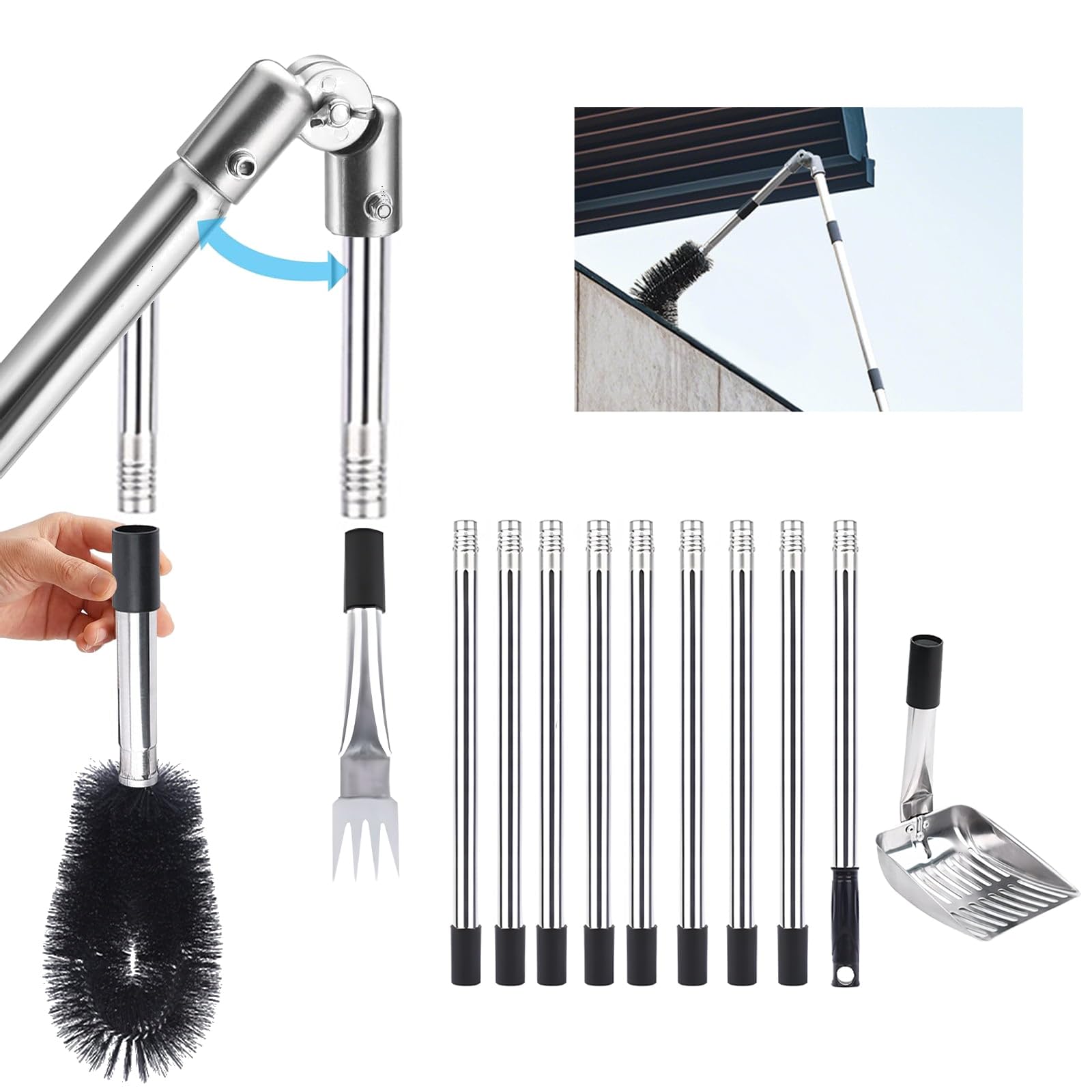Dyuee Silver Gutter Cleaner 4.4M Telescopic Roof Gutter Cleaning Tools Kit With Adjustable Angle Pole Gutter Brush Scoop Rake, For Removing Leaves, Debris & Spider Webs From Gardens Ditches Villas Townhouses 13Pcs