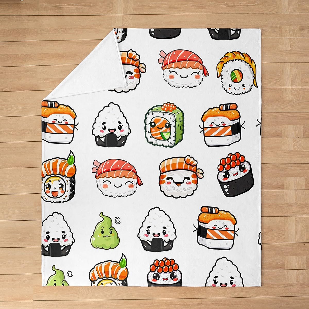Sushi Print All Season Bed Blanket,Japanese-Style Fleece Throw Blanket Flannel Fuzzy Blanket for Kids Boys Girls,Cartoon Japanese Sushi Microfiber Plush Blanket Room Decor Queen 90"x90"