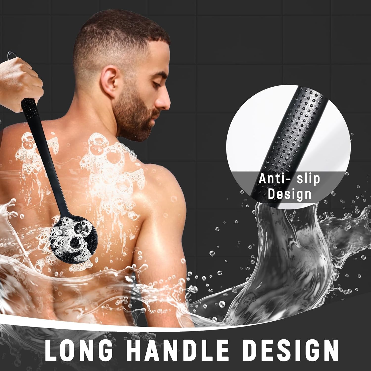 RAVIRANDAL Silicone Back Scrubber for Shower, Lengthen Bath Body Brush with Long Handle, Double Sided Shower Brush for Exfoliating and Massage Can Produce Rich Foam, Long Handle Back Scrubber for Men 1