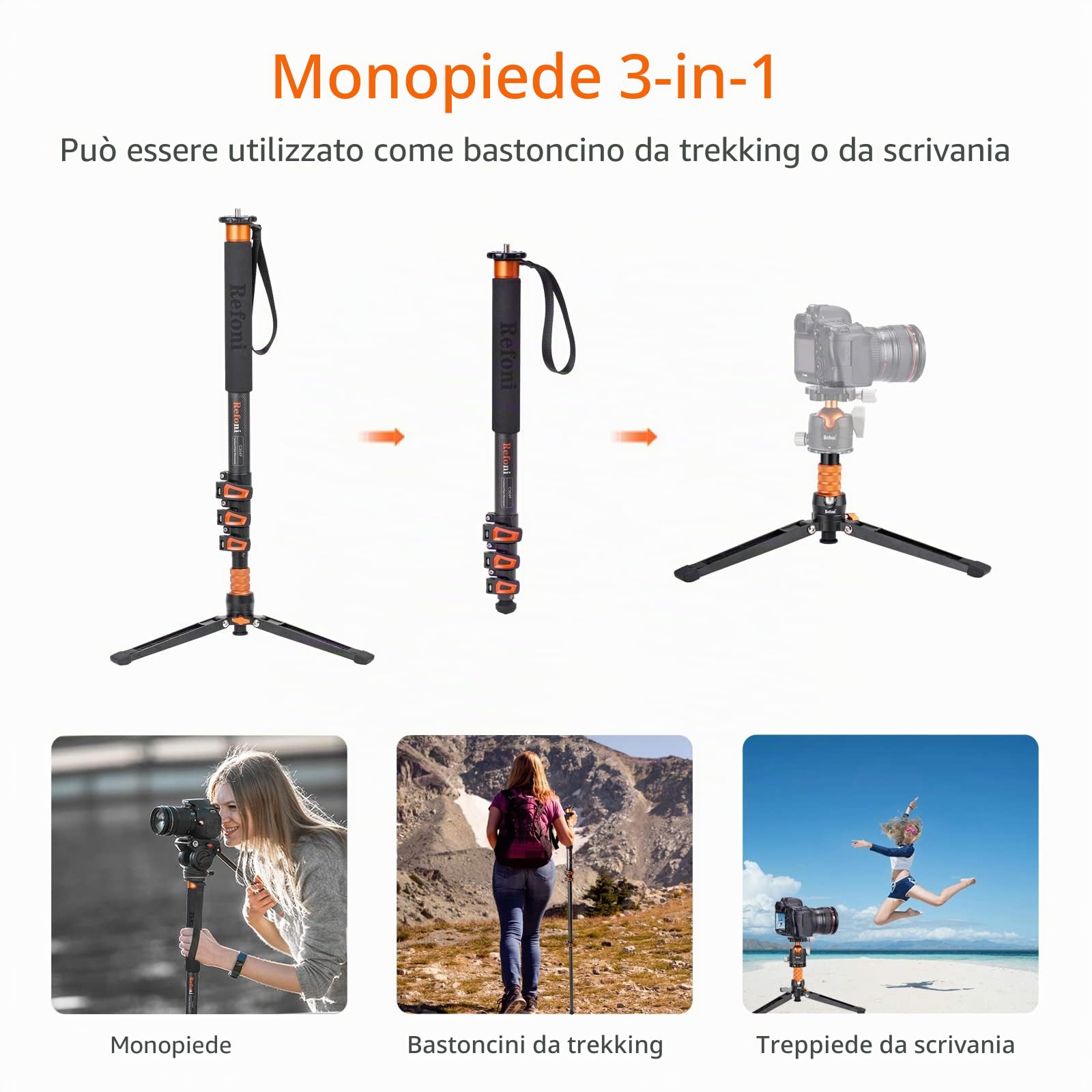 Monopiede in Carbonio, Refoni C304F Monopiede da 173 cm con piedini di supporto per reflex digitali, fotocamere compatte e mirrorless, con un carico massimo di 25 kg
