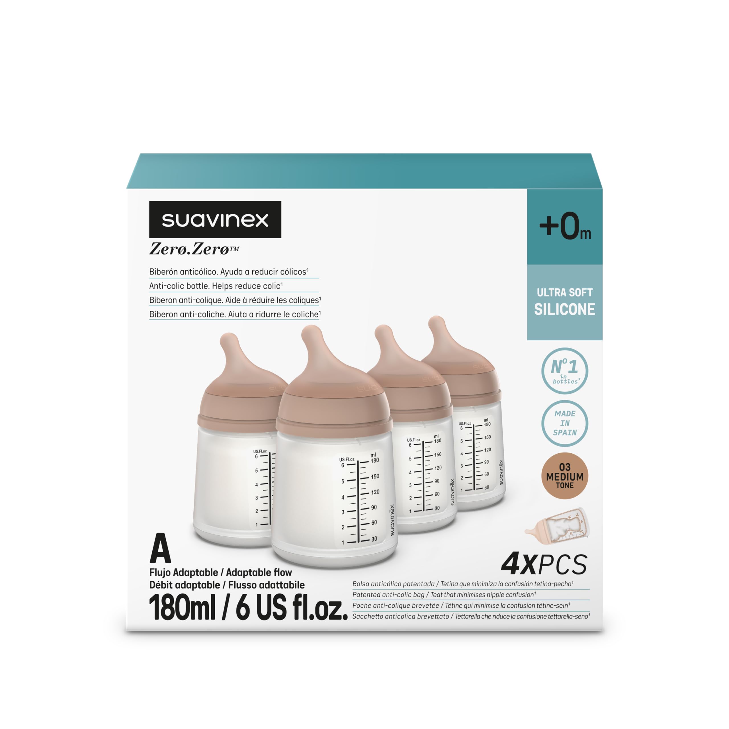 Suavinex, Pack 4 Biberón Anticólico Zero Zero, con Tetina de Flujo Adaptable (A) de Silicona, Bebés +0 Meses y Recién Nacidos, Específico Lactancia Materna, Leche Materna y de Fórmula, 180 ml, Medium