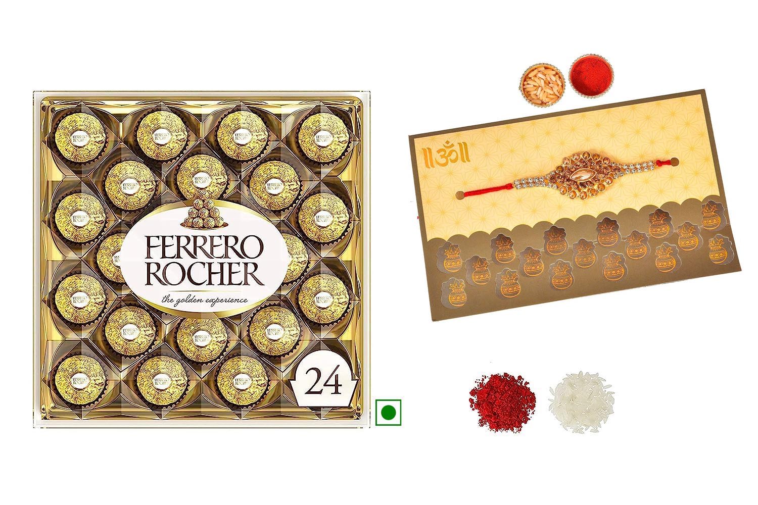 Vending India X Ferrero Rocher- T24 (24 Pieces) with a Designer Rakhi Set In A Fancy Greeting Card - Combo with Roli, Chawal, Chandan & Mishri (Kalash Greeting Card)-image-34