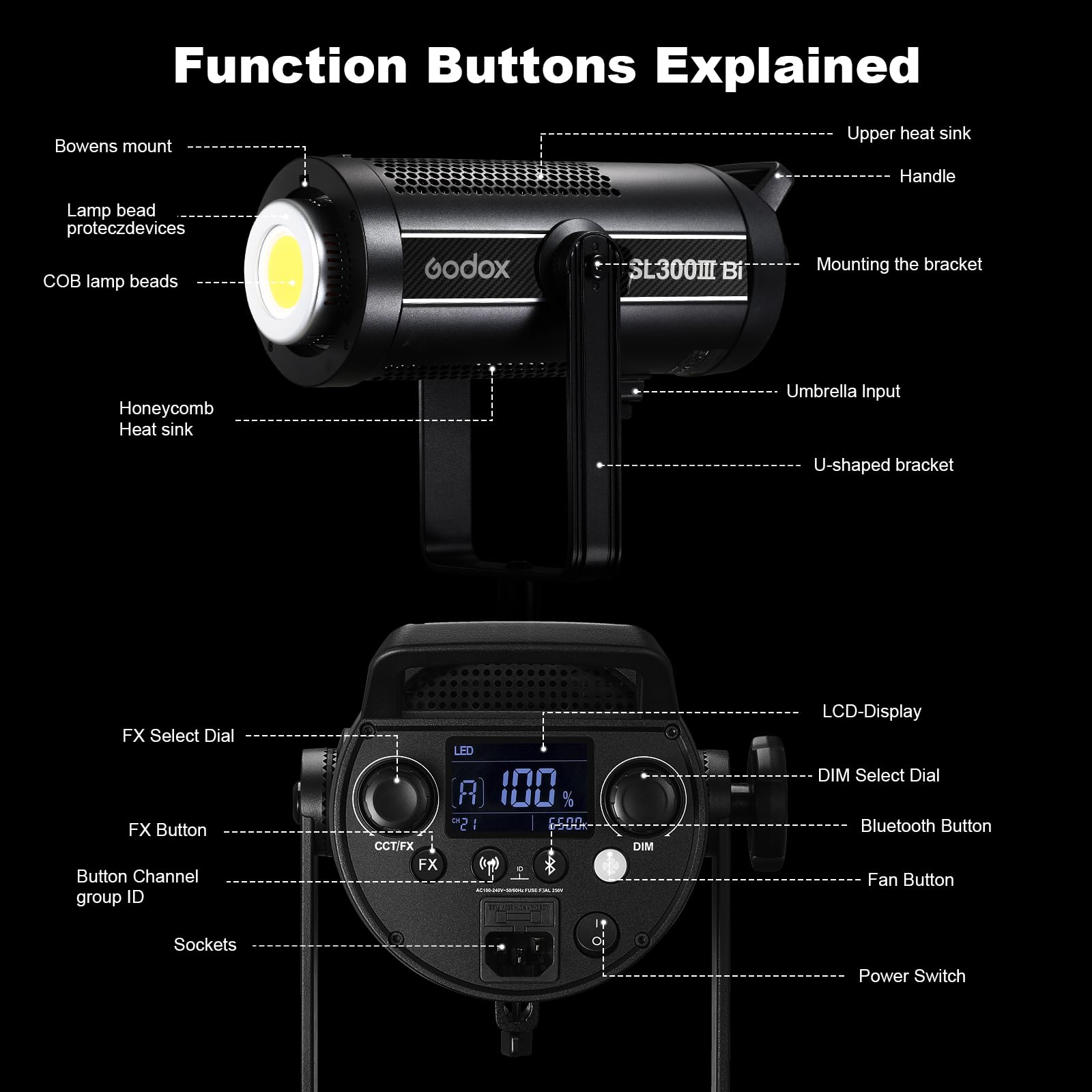 Godox SL300 Bi-Color LED Video Light, SL300IIIBI 330W 2800-6500K 117.000 Lux CRI/TLCI 97+ COB Monolight Bowens Mount Illuminazione continua dell'uscita per la produzione di film TV di fotografia di