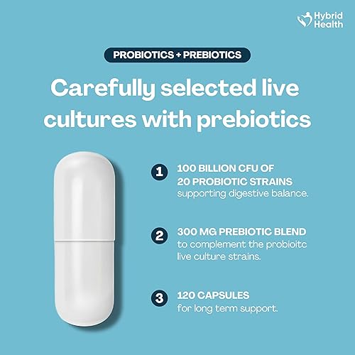 Miniatura 4 de Hybrid Health Complejo de probióticos y prebióticos 120 cápsulas veganas 100 mil millones de UFC Fuerza avanzada con 20 cepas diversas Pre