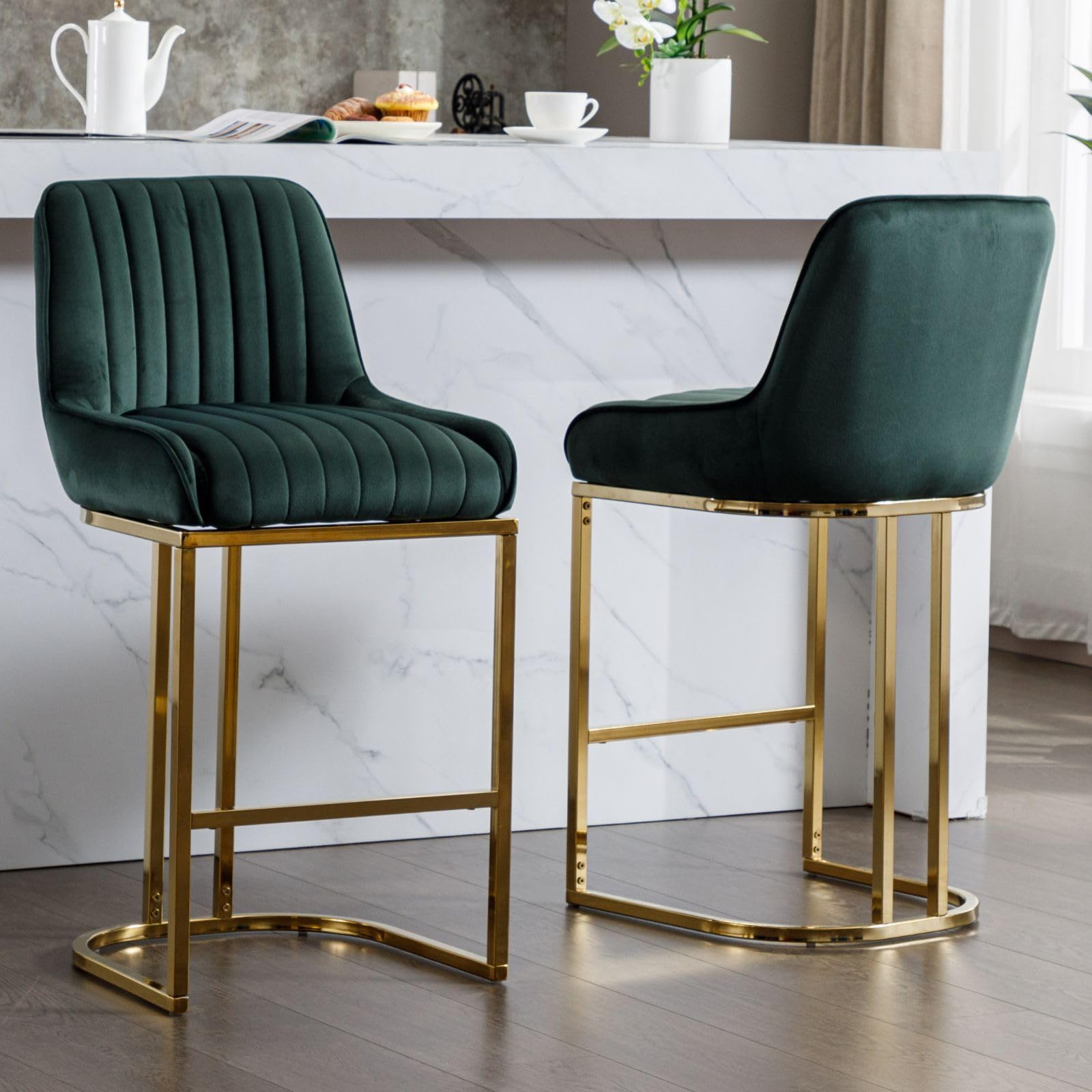 Juego de 2 Taburetes de Bar Terciopelo Sillas Altas de Cocina sin Reposabrazos,Sillas de Bar Modernas Taburetes Altos de Mostrador con Patas Doradas para Isla de Cocina/Resturante,Verde