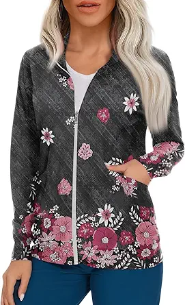 Scrub Jackets for Woman Zip Up Long Sleeve Tops Print Plus Size Womens Scrubs for Women Nursing Shirts with Pockets