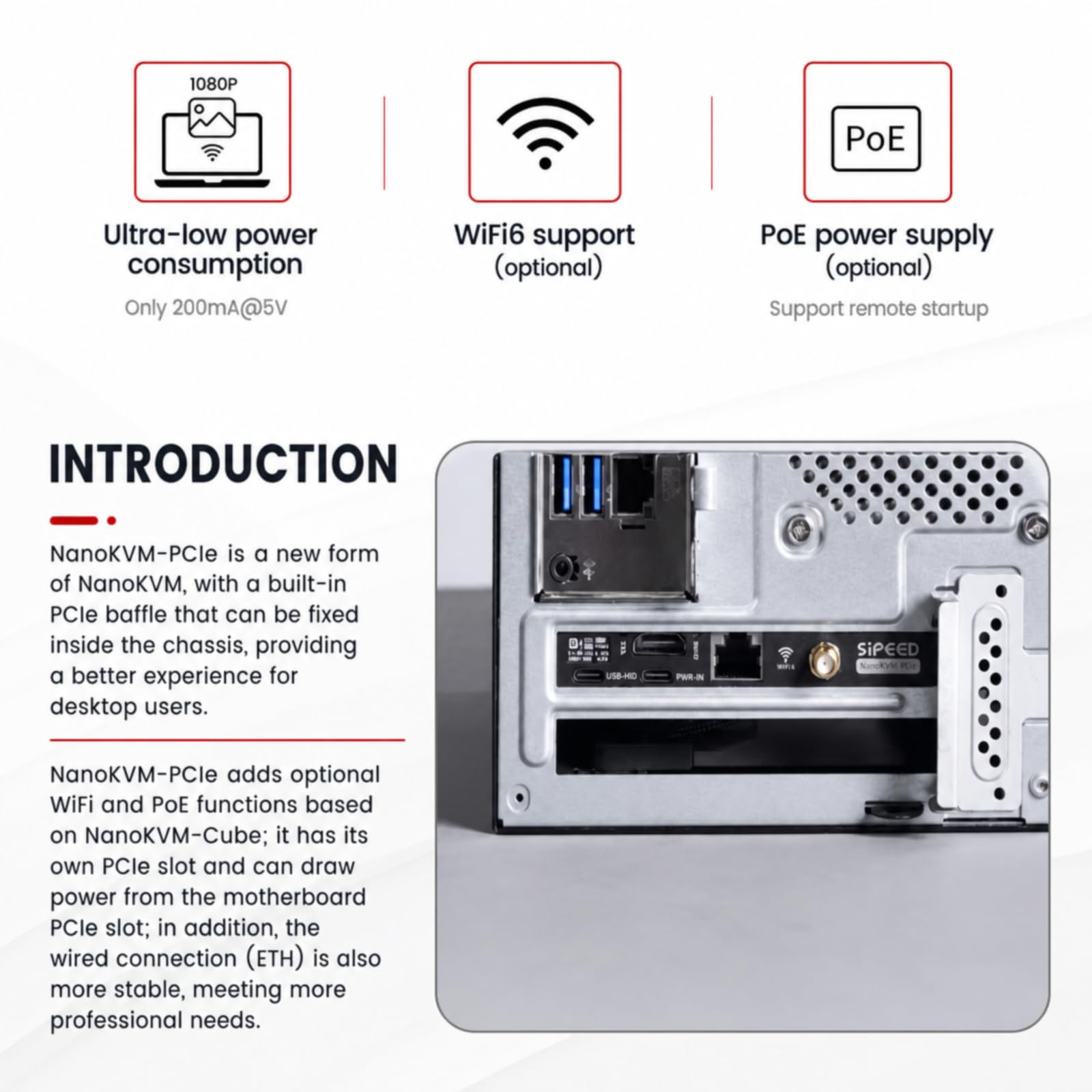 Sipeed NanoKVM-PCIe – IP-KVM Remote Server, 1080P@60fps, RISC-V SG2002, 256MB DDR3, 16GB MicroSD, PCIe-Strom, HDMI, H.264/MJPEG, PoE/WiFi (Optional) (PCIe+WiFi)