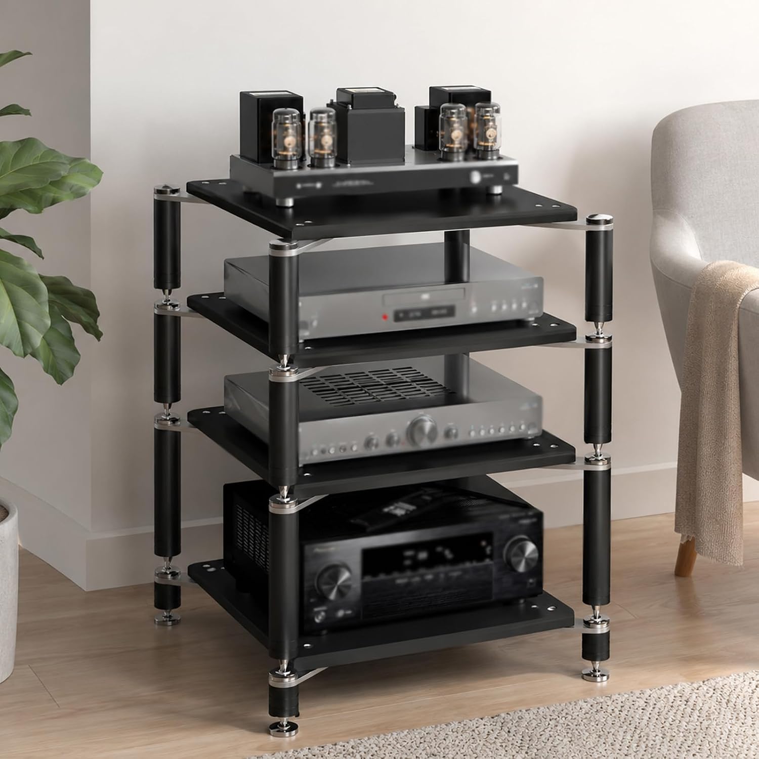 4-Tier AV Media Stand, Heavy Duty Audio Rack (Black, 4-Tiers)