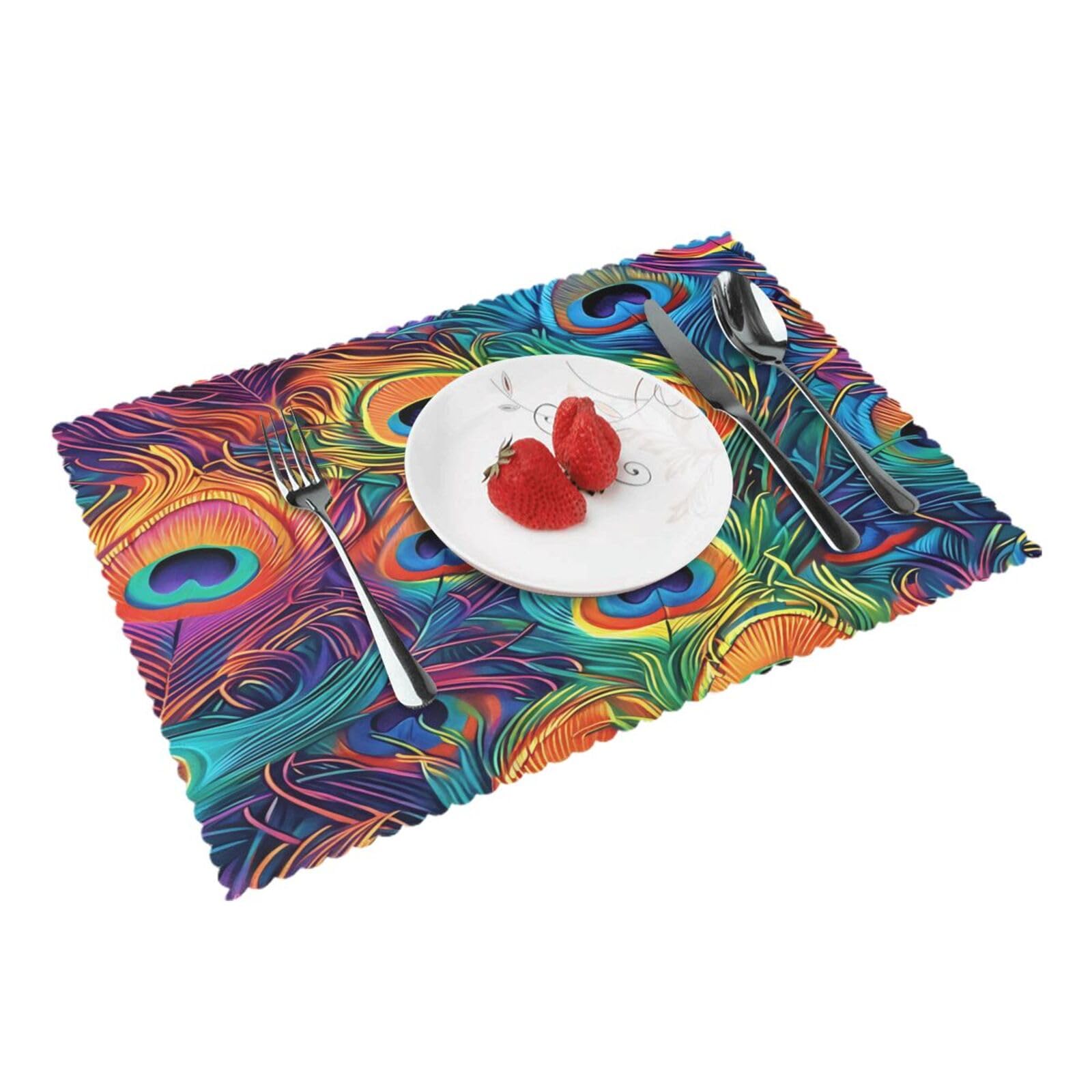Vibrant Peacock Feather Pattern Placemats Set of 4 Print Table Mats Place Mats Table Decor for Kitchen Dining 12X18 in