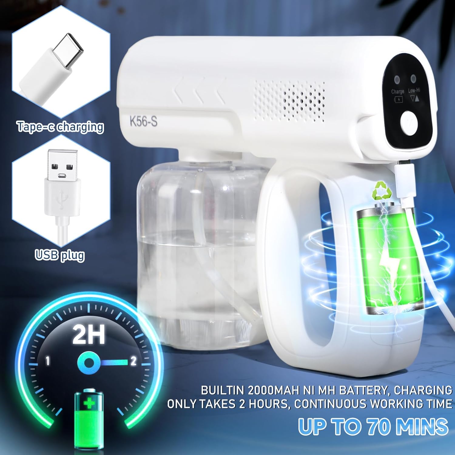 2 Pack Rechargeable Nano Spary Gun Wireless Disinfectant Fogger Machine Handheld Electric Sanitizer Atomizer Portable Barber Mist Sprayer Nano Steam Gun with Blue Light for Home Office Garden - Image 5