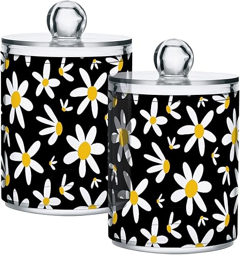Gredecor Paquete de 2 tarros de boticario transparentes con diseño de margaritas negras con tapas, tarros de acrílico para baño, encimera de