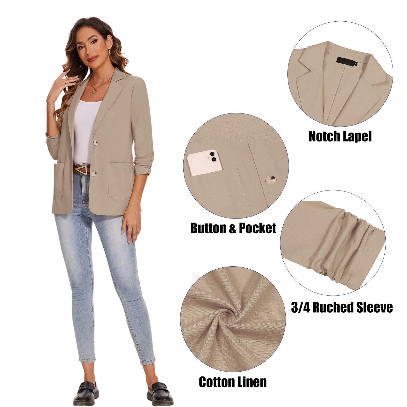Blazer de lino y algodón con manga 3/4 fruncida para mujer, ligera, para verano, elegante, con botones y bolsillos