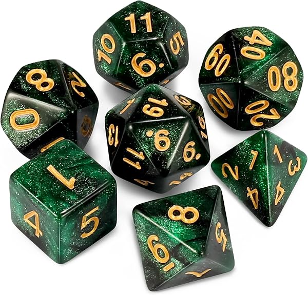 QMAY DND Dice Polyedrisches Würfel Set - 7 Stück für Dungeon und Dragons MTG RPG D&D D20, D12, D10, D%, D8, D6, D4 (Schwarz und Grün) - 1