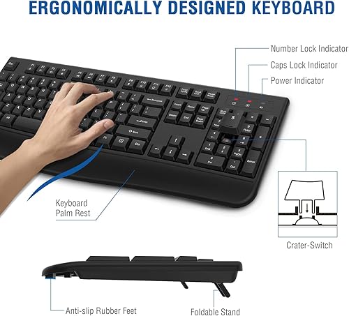 Miniatura 2 de EDJO Teclado inalámbrico, 2.4G ergonómico de tamaño completo, teclado inalámbrico de computadora con reposamuñecas para Windows, Mac OS de
