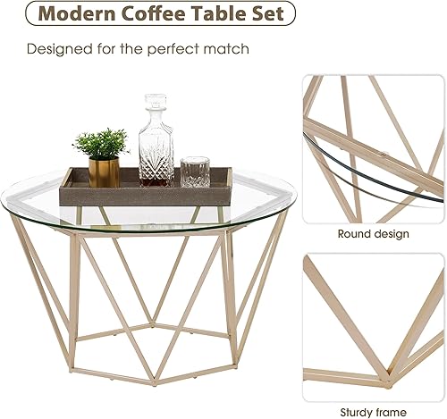 Miniatura 5 de ivinta Juego de 2 mesas de centro redondas anidadas, modernas mesas de centro con vidrio templado y marco de metal para sala de estar, Diamon