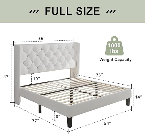 Miniatura 46 de Feonase Base de cama de tamaño matrimonial con cabecera tapizada con respaldo de ala, plataforma y soporte de listones de madera resistente, fácil