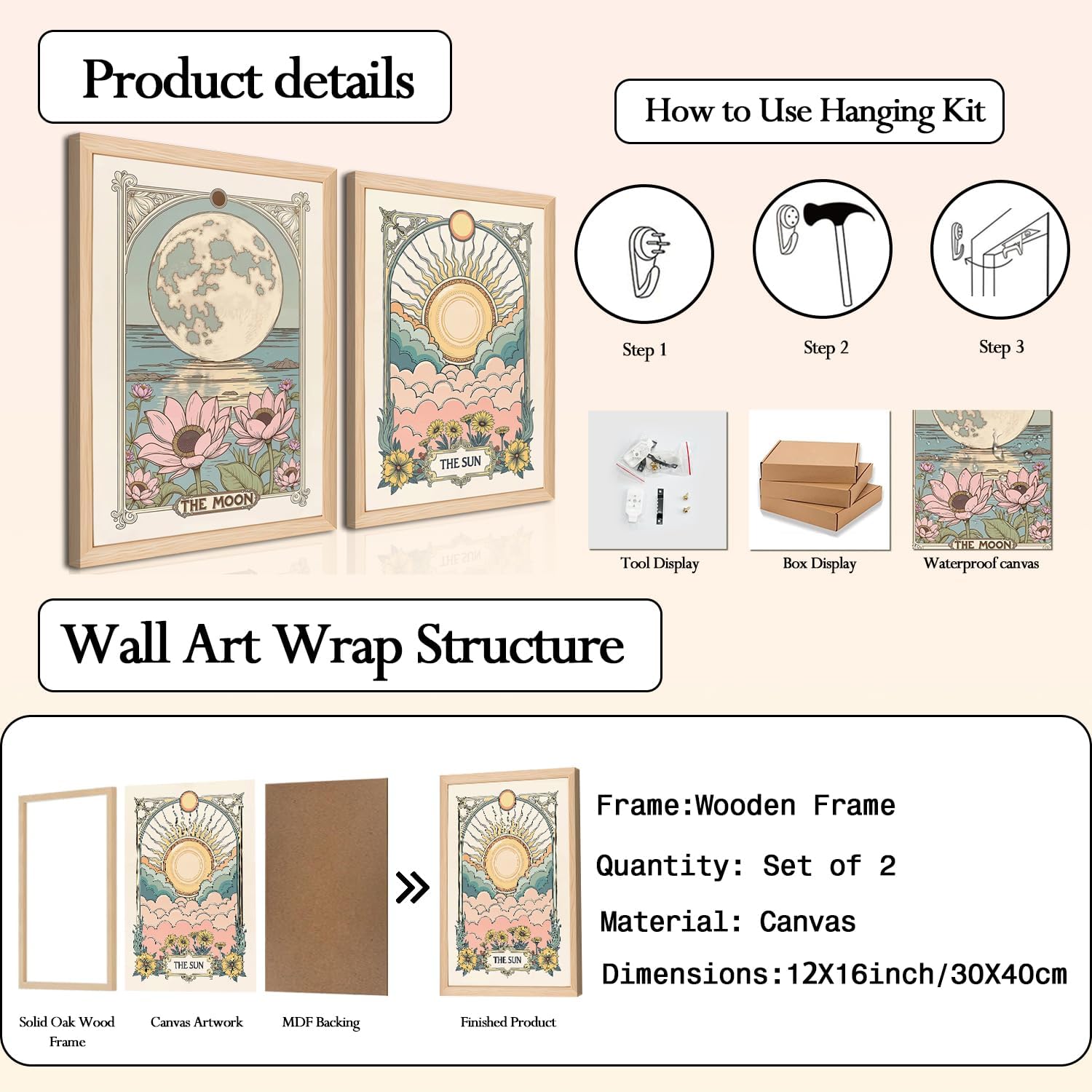 Sun and Moon Celestial Wall Art Set of 2, Vintage Tarot Wall Decor Painting, Eclectic Astrology Poster Canvas Prints Picture for Bedroom Living Room 12x16 inch Wood Framed