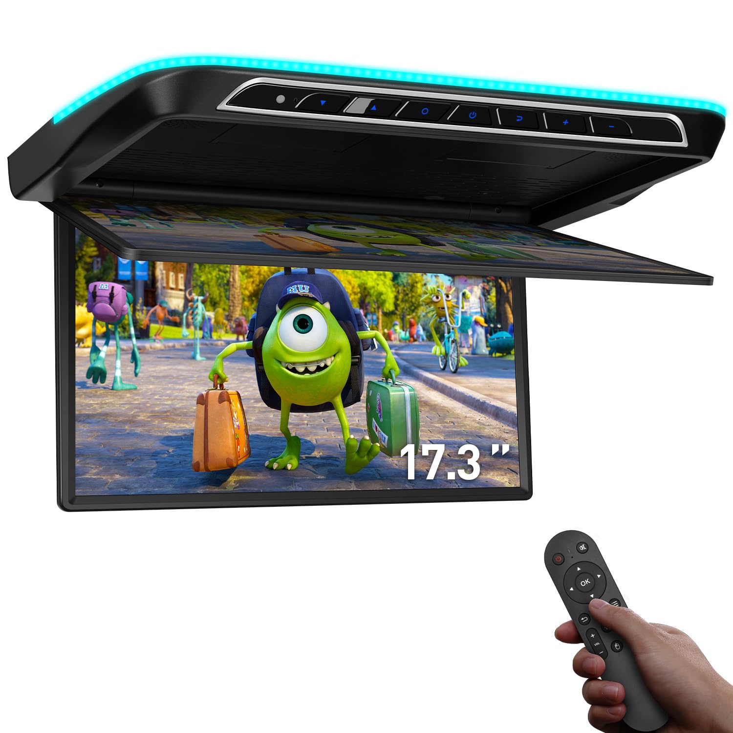 XTRONS 17.3 Inch Electric Motorized Flip-Down Android Car Overhead Video, 1080P FHD IPS Screen 8K Video Ceiling Mount, Octa-core Car Roof Multimedia Player, Built-in Speakers, Support HDMI/USB/AV/IR