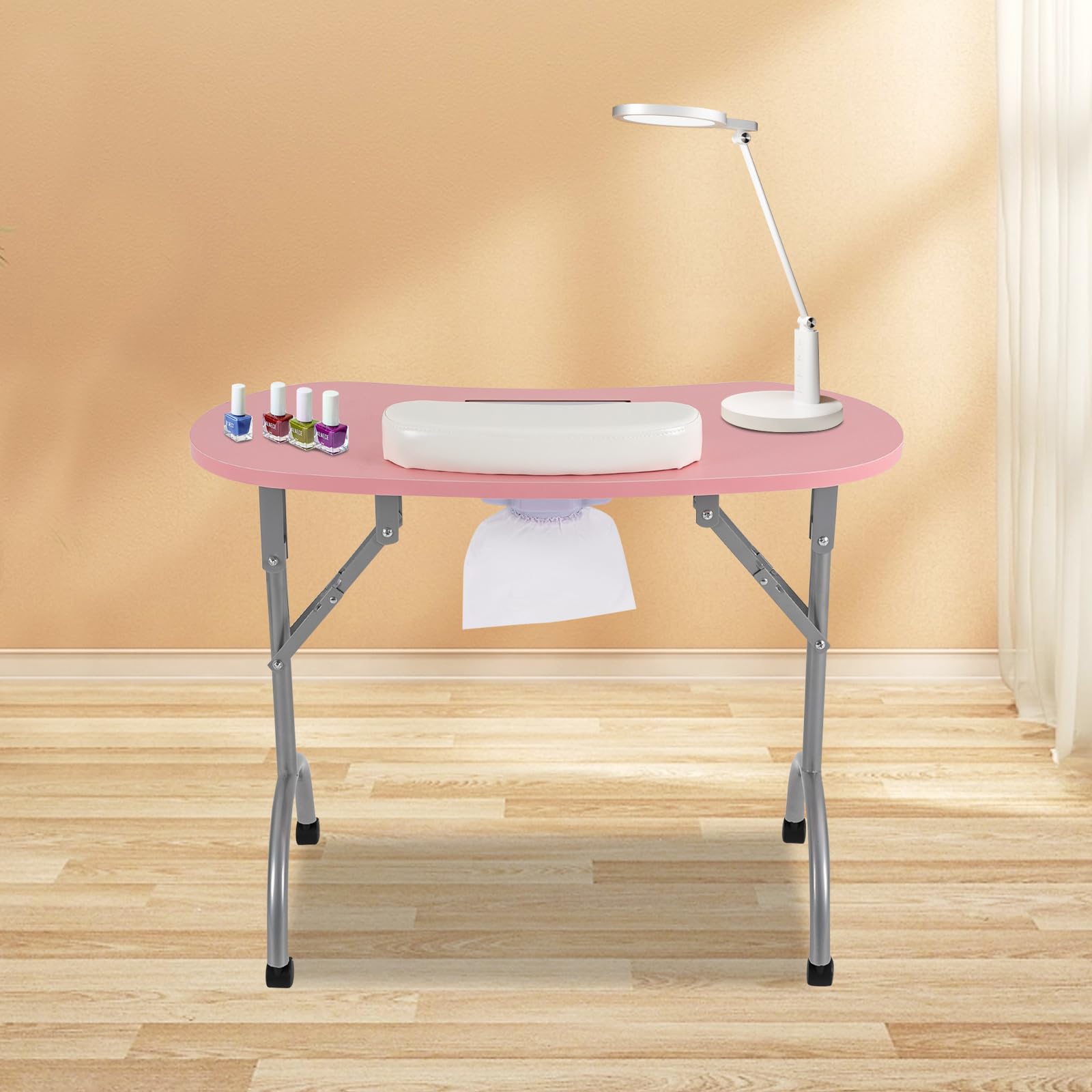 Tavolo per unghie pieghevole con aspirapolvere, tavolo per manicure, rosa | Tavolo per manicure pieghevole in MDF/ferro con aspiratore per unghie, 4 ruote, poggiapolsi, per studio e casa