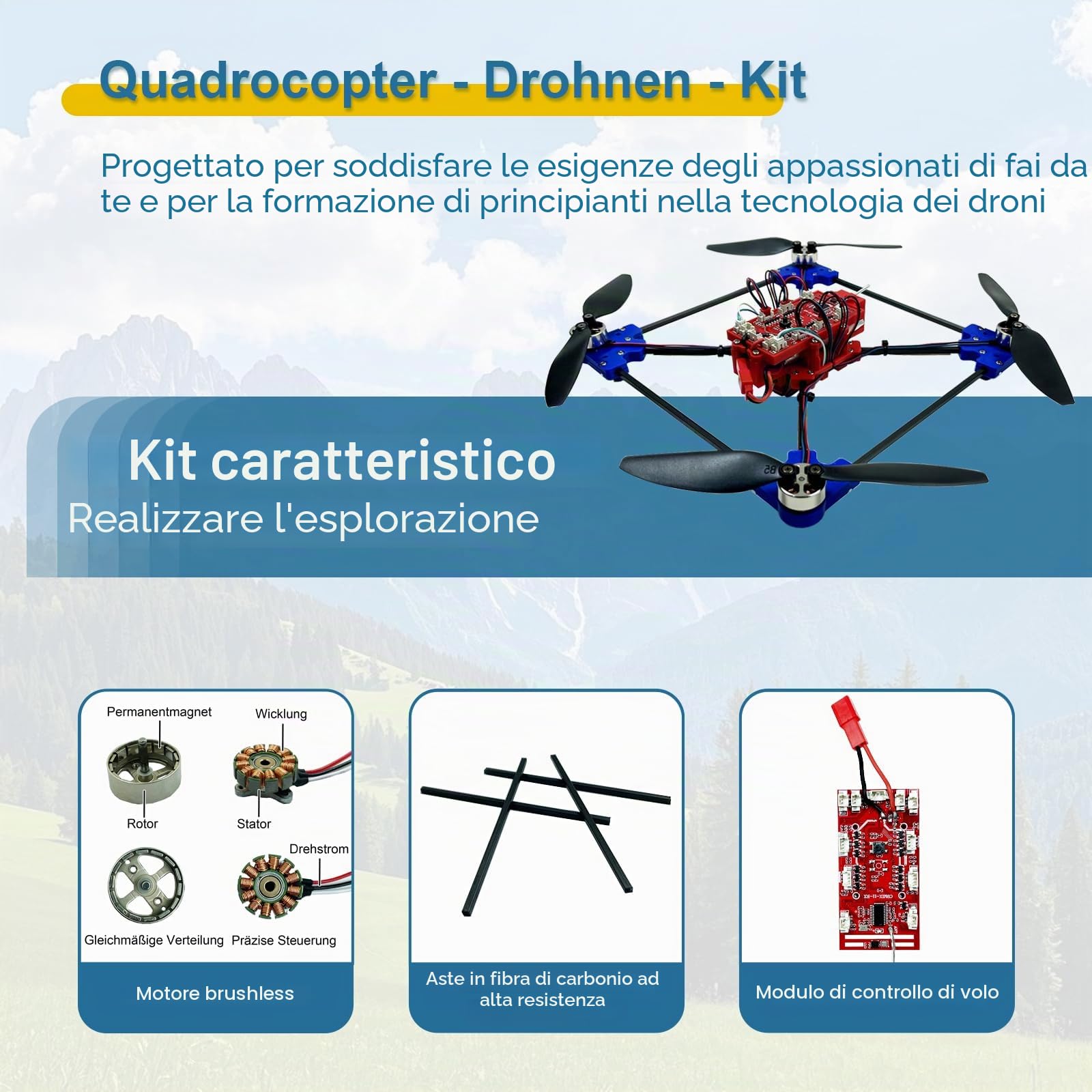Kit fai da te per drone quadrirotore: un progetto STEM unico con motore brushless, galleggiamento ottico, lancio e atterraggio con un clic e rotazione a 360° per gli appassionati di fai da te