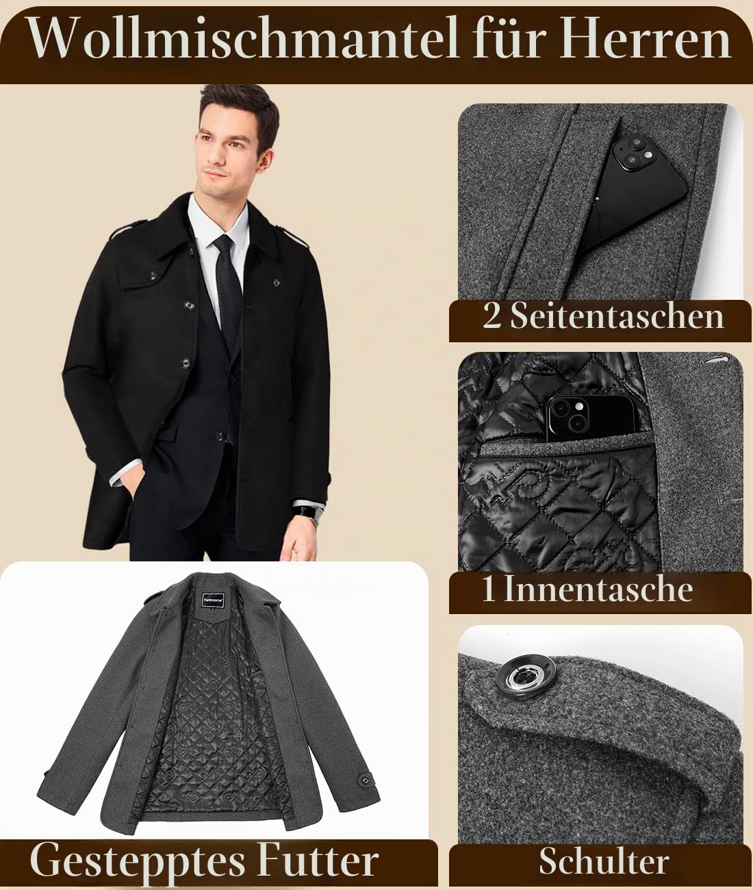Herren Wintermantel Wolle Kurzmantel Schwarz Wollmantel Stehkragen Winterjacke Mittellang Business Freizeit Gepolstert Gefüttert Peacoat