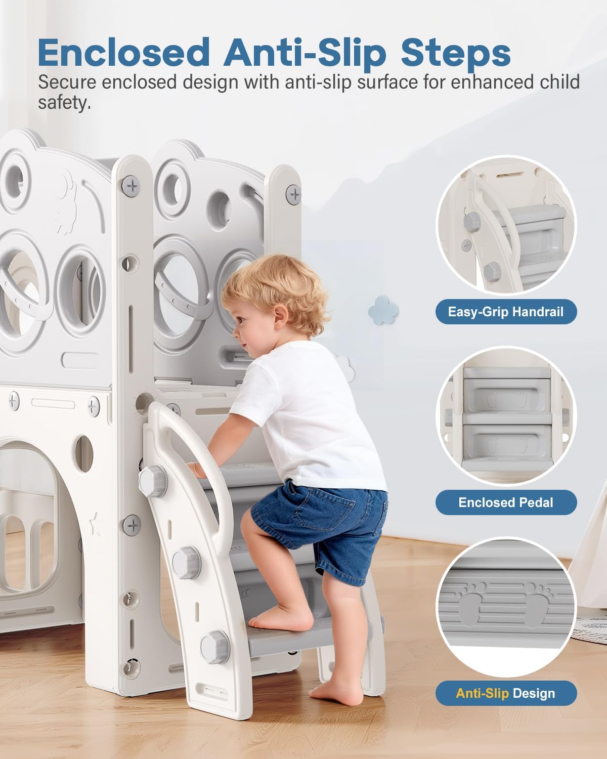 Babytronic Toddler Slide, 8 in 1 Kids Slide with Basketball Hoop, Telescope and Climber, Baby Slide Toddler Playground, Indoor Outdoor Playset for Toddlers Age 1-3, Kids Indoor Playground (White&Gray)