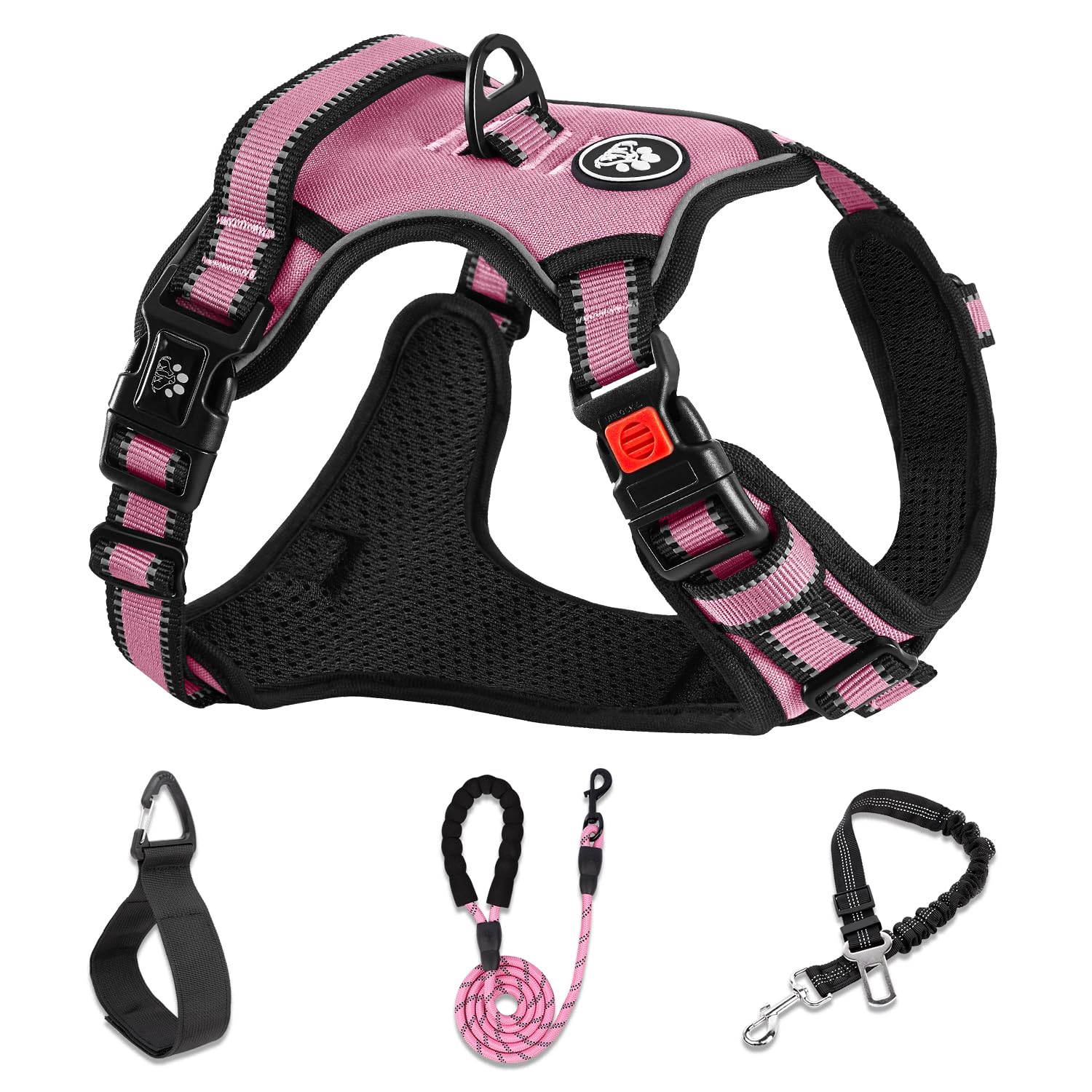 No Pull Dog Harness,Adjustable Oxford Medium Dog Harness with Leash,Reflective No-Choke Pet Vest Harness with Easy Control Soft Handle for Small Medium Large Dogs(M,Pink)