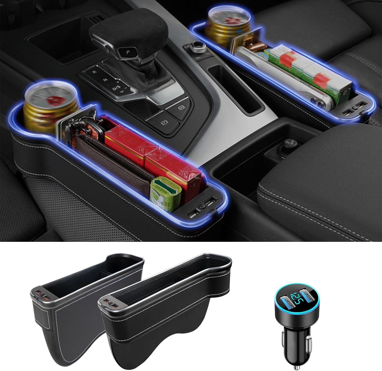 LED Car Seat Gap Filler Organizer with Ring Ambient Lighting Strip Light Filler Cup Holder Seat Gap Organizer Console Storage Box Multi-Color Changing Lighting with USB Charger 2PCS