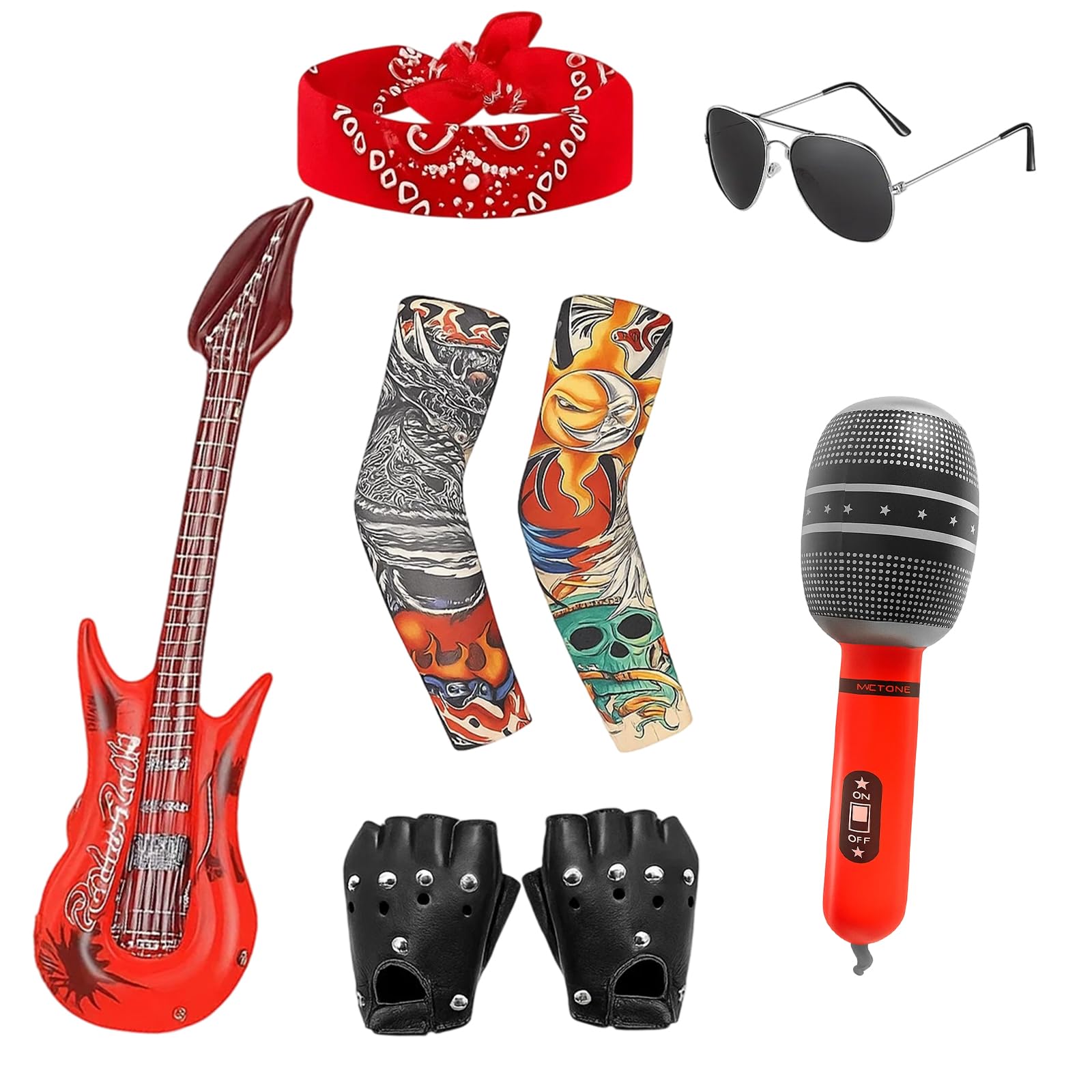 Rock Star Fancy Dress Kids, 8-Piece Rockstar Costume Set with Inflatable Guitar and Microphone, Glam Rock Fancy Dress for Music Parties and Halloween
