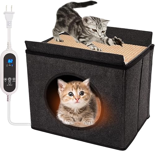 SOVPAIT Casa climatizada para gatos con almohadilla calefactora multifunción para mascotas, cama climatizada para gatos con caja de fieltro de lana