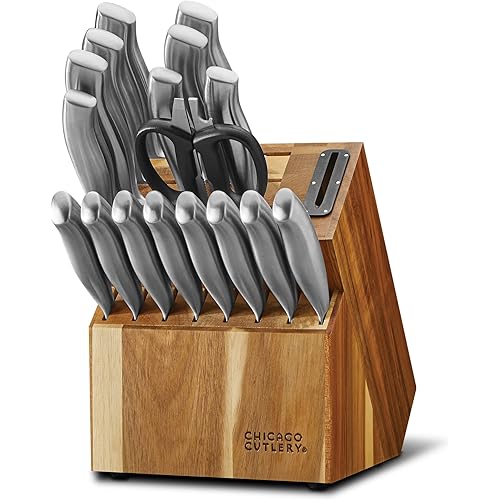 Chicago Cutlery Insignia Steel (18-PC) Kitchen Knife Block Set & Built-In Sharpener, Contoured Ergonomic Handles and Sharp Stainless Steel Professional Chef Knife Set & Scissors With Bottle Opener