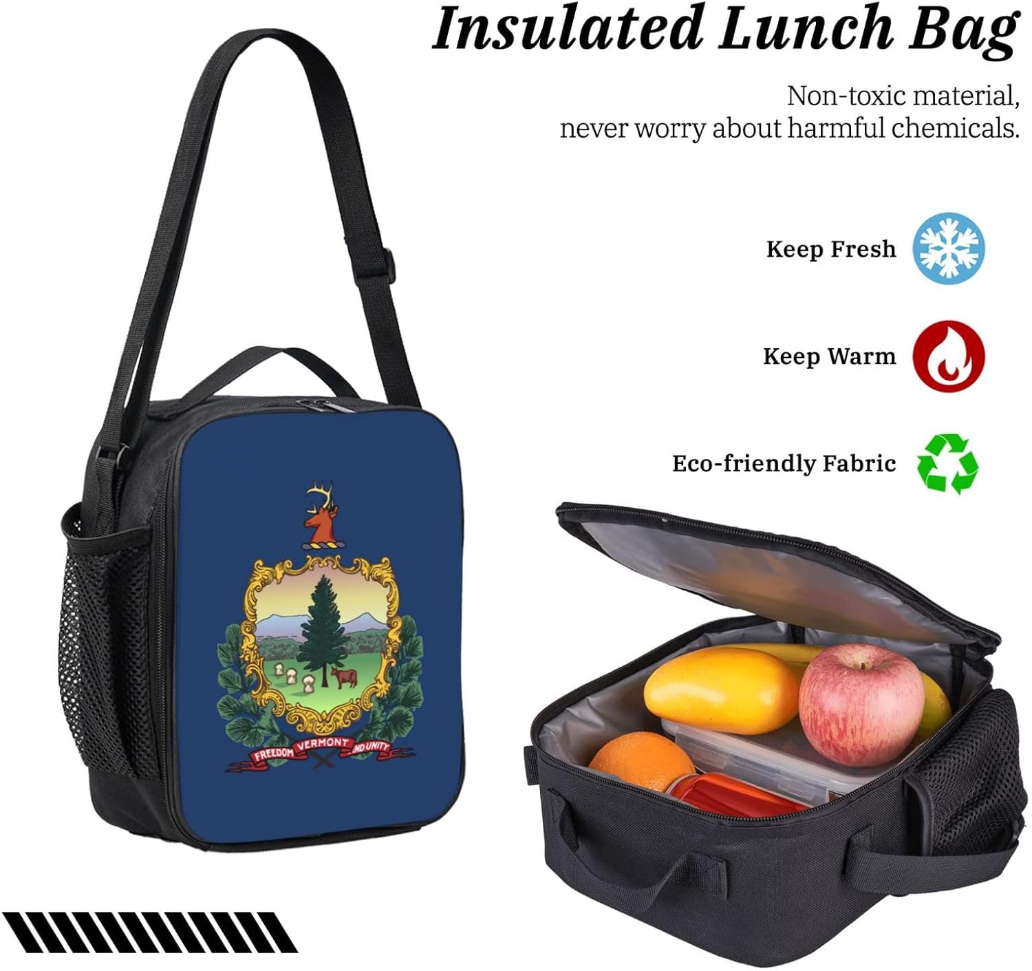 Vermont State Flag print Shoulder Bookbags Lunch Bag and Pen Case 17 inches Backpack with Lunch Box, Cute Bookbag Set