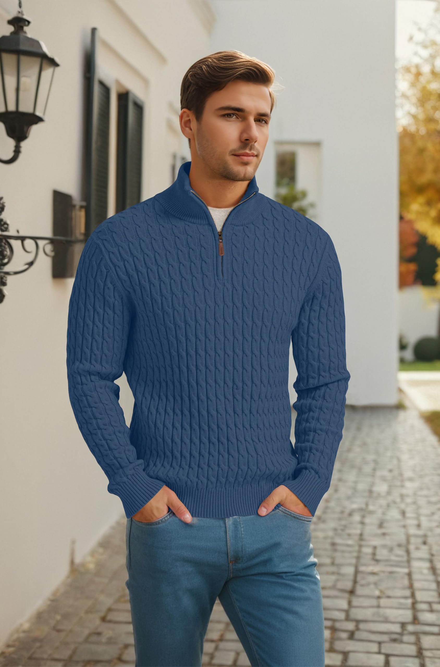 QIXING Maglione da uomo a trecce, con cerniera a un quarto, collo alto, motivo a trecce, morbido, casual, con bordi a costine