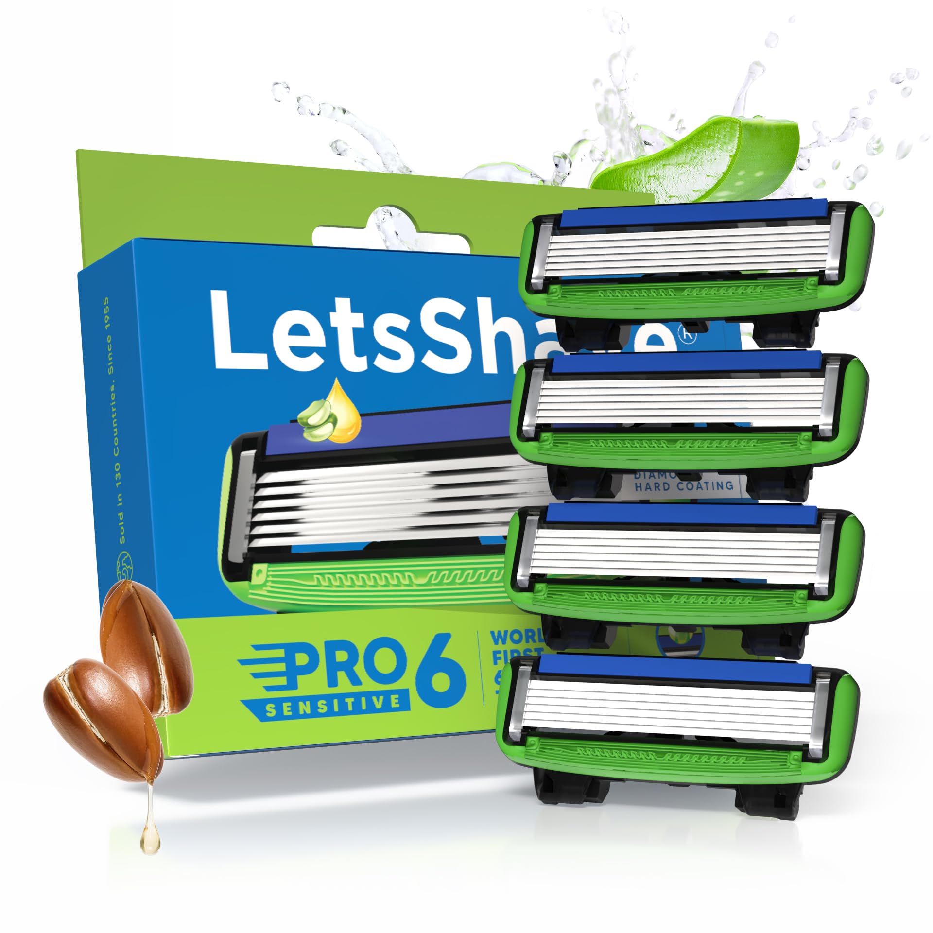 Pro 6 Sensitive Manual Shaving Razor Blades Refills (Cartridge), Pack of 4, World's First 6-Blade & Precison Back Blade with Argan Oil & Aloe Vera Infused Moisture Bar, Blades for Men