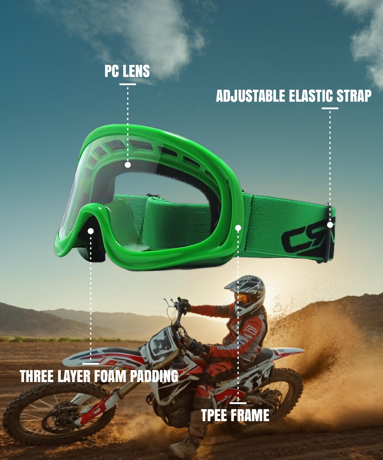 CRG Sports Gafas de motocross antivaho para motocross y ATV, protección UV, ligeras, MX