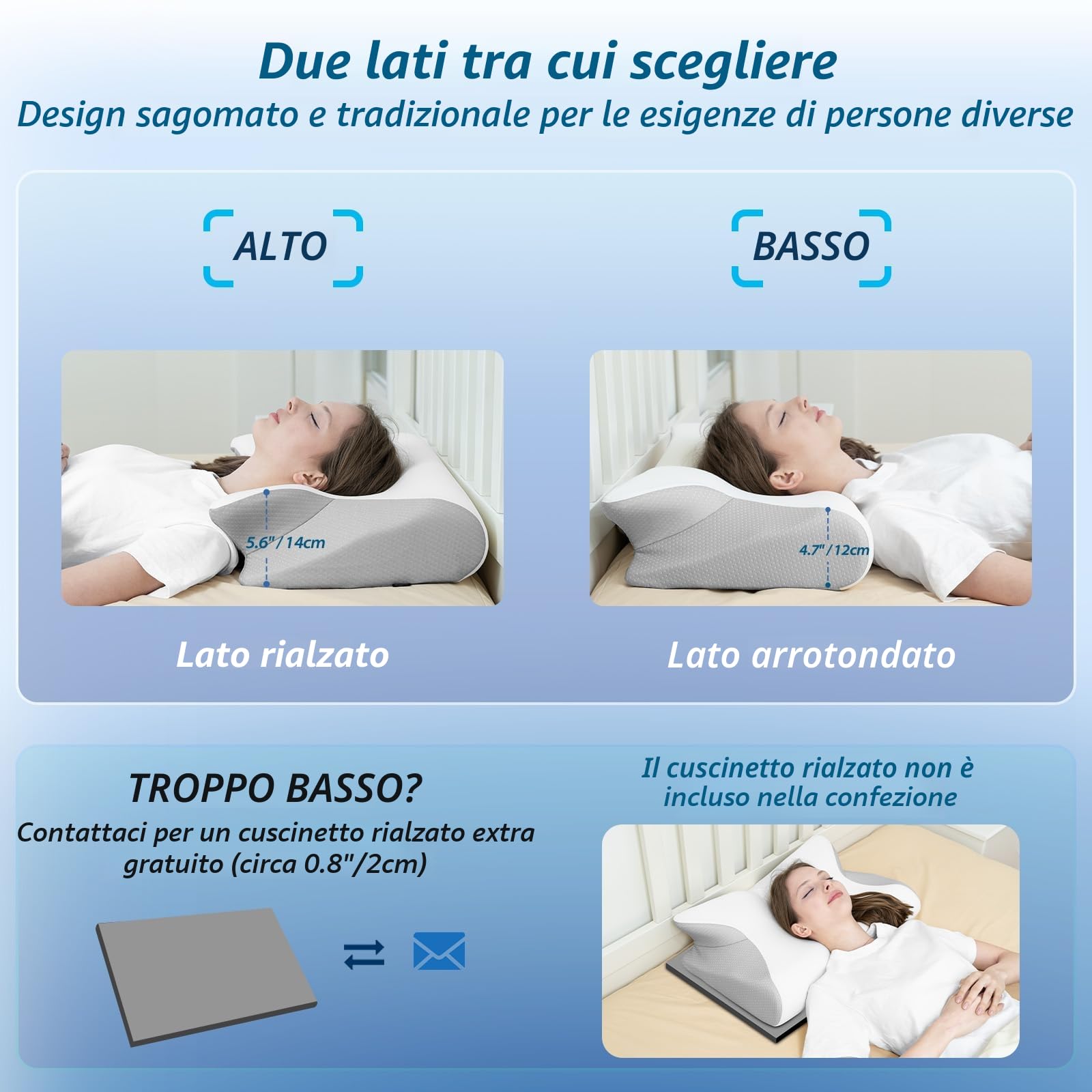 HOMCA Cuscino Cervicale per Dormire, 2 in 1 Cuscinoin Memory Foam, Cuscino Ergonomico di Supporto per il Collo con Federa di Raffreddamento, 60x40x12/14cm