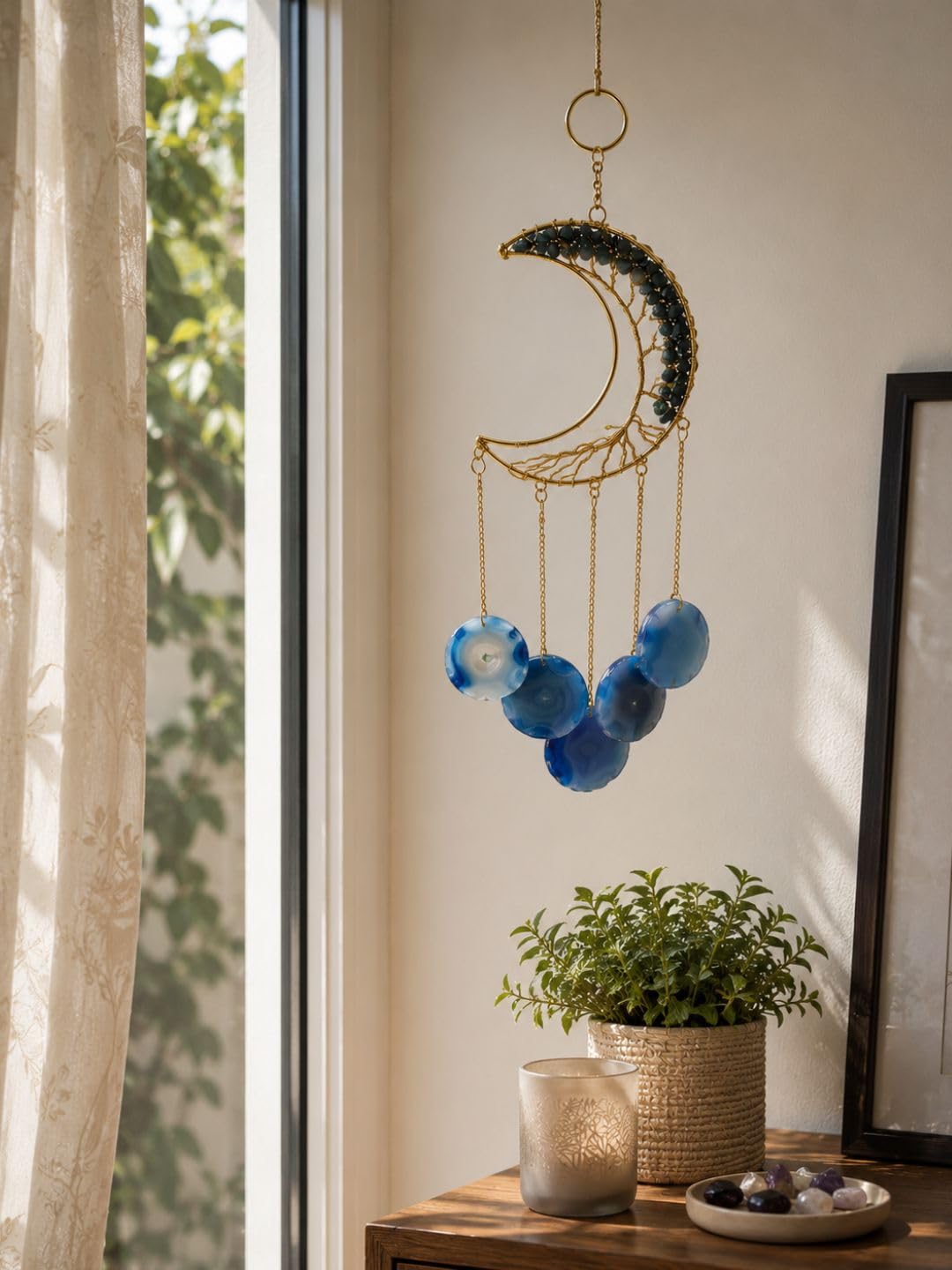 Blue Agate Moon Shape Crystal Windchime | Celestial Crystal Hanging Suncatcher for Calm, Throat Chakra & Bedroom Decor | 17" Height, 5" Moon Height, 5 Slices (250g)-image-27