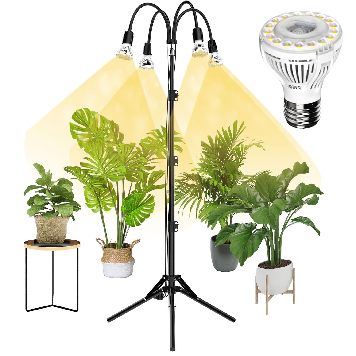 SANSI 660W Equivalent Grow Lights for Indoor Plants, 40W Full Spectrum with 21-55 inches Detachable Tripod Stand, High PPFD Growing Lamp, Non-Dimmable with 4 Pack 10W Grow Bulb