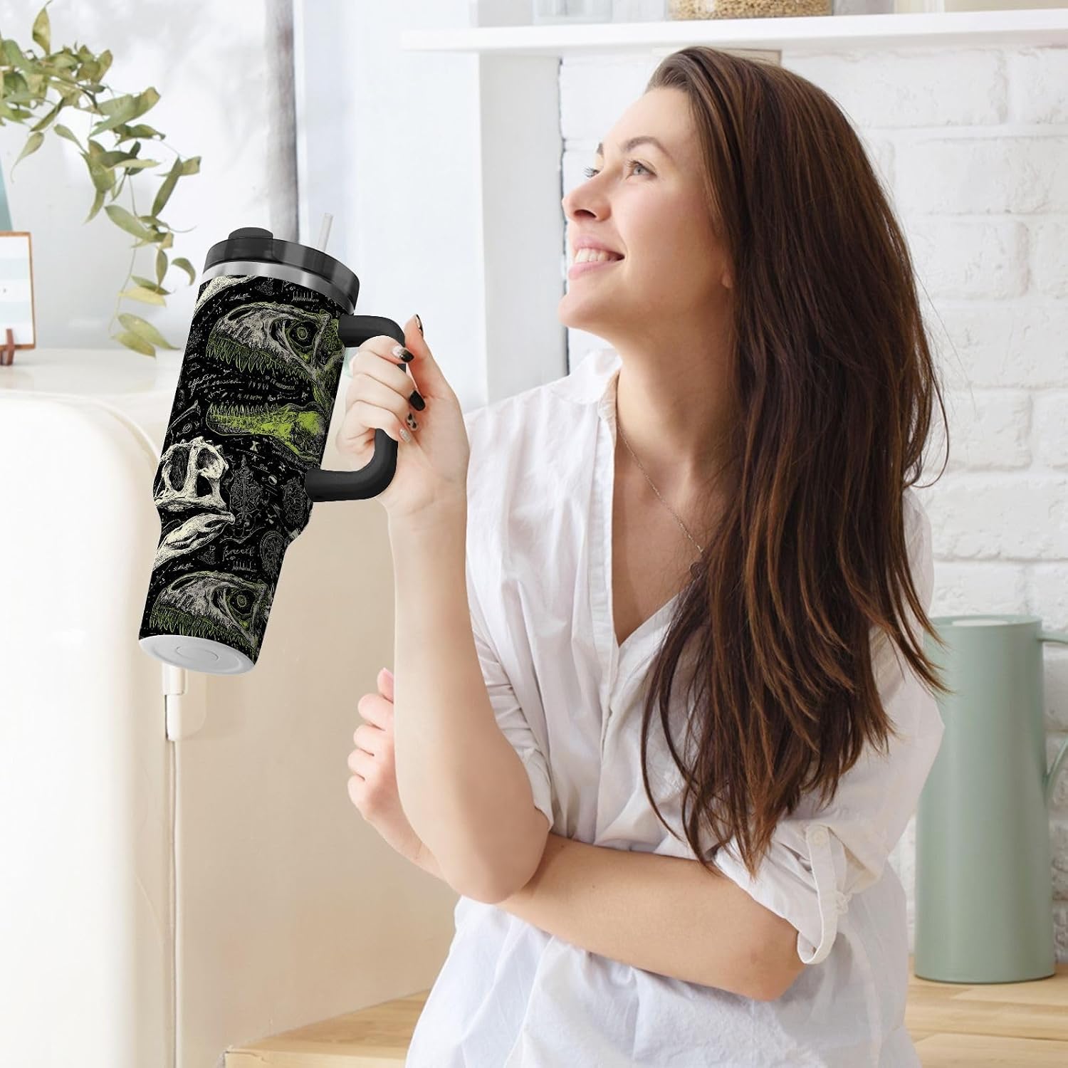 40 oz Tumbler Dinosaur Skull Black Green with Handle and Straw Lid Vacuum Stainless Steel Insulated Water Bottle Travel Mug Car Cup Holder Friendly for Gym Travel Office