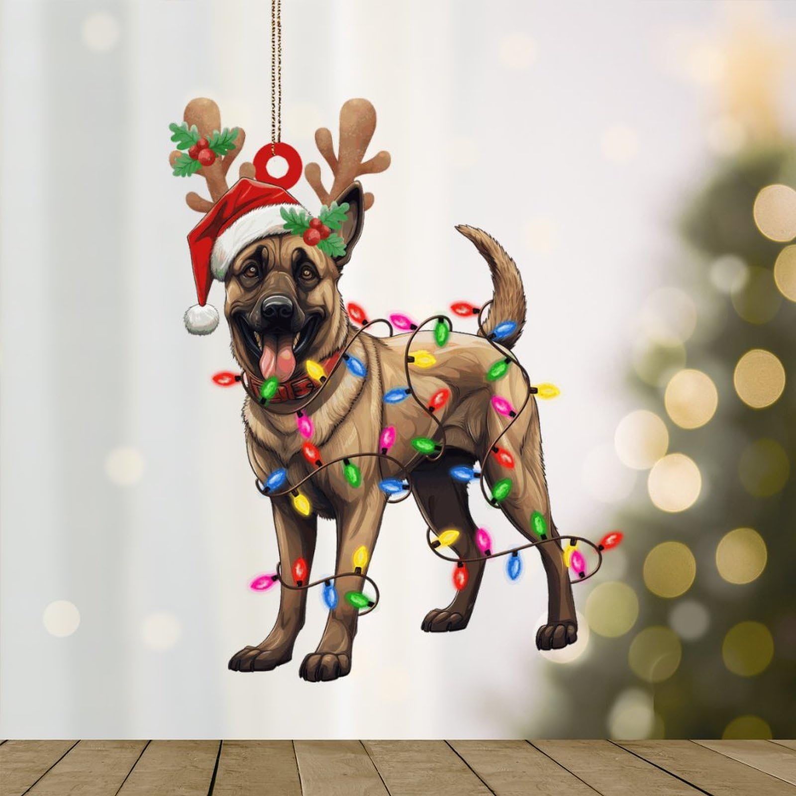 WoGuangis Belgian Malinois Dog Lanterns Christmas Antlers Acrylic Ornament for Christmas Tree Decor - Pet Lover's Gift
