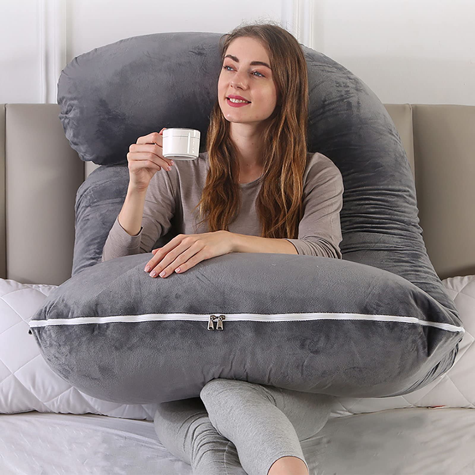 INSEN Cuscino per gravidanza, cuscino per maternità con fodera in velluto, cuscino per il corpo a forma di C per dormire (grigio