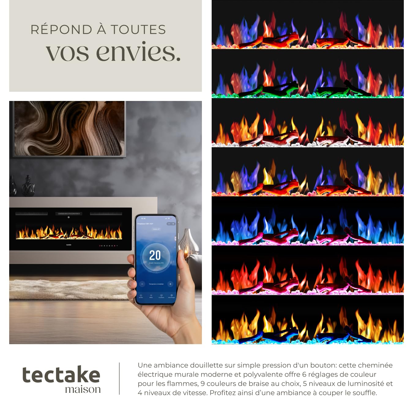 tectake® Cheminée électrique Murale 127 x 12 x 43 cm, 2 Niveaux de Chauffage 900 et 1800W, Cheminee Electrique Effet Flamme 3D, Télécommande, Application Mobile, Panneau Tactile, Cheminée Electrique
