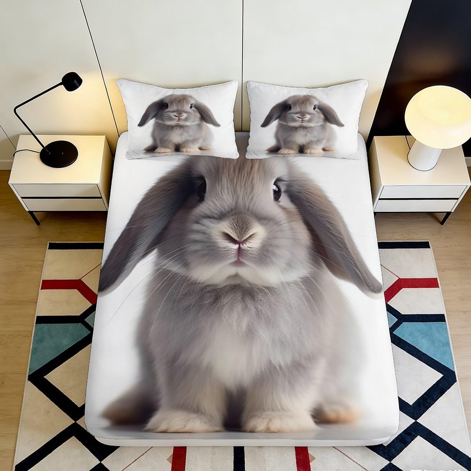 3D Printed Cute Bunny Fitted Sheet Microfiber Soft Breathable Rabbit Pattern Mattress Cover for Bedroom Dormitory Guest Room Mattress Protection Decor 200x200x25cm