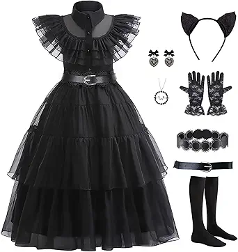 CVNHMG Wednesday Costume Dress Kids Girls Black Cosplay Halloween Party Dress Up Gothic Costume with Accessories
