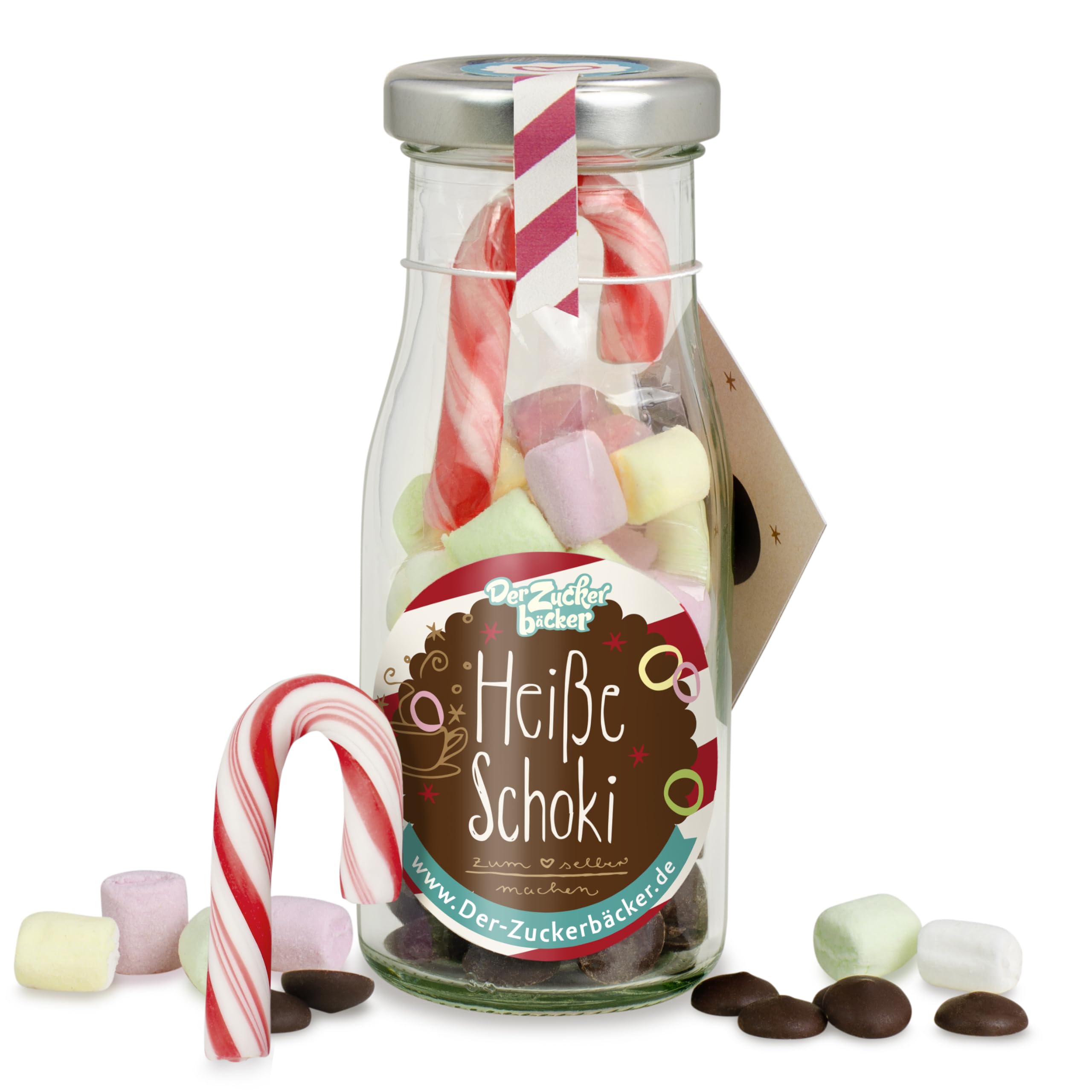 DIY heisse Schoki zum Selbermachen, süße Trinkschokolade im Glas mit 45 gr Schokodrops, Mini-Marshmallows und einer Zuckerstange, warmer Kakao Lebensmittel & Getränke